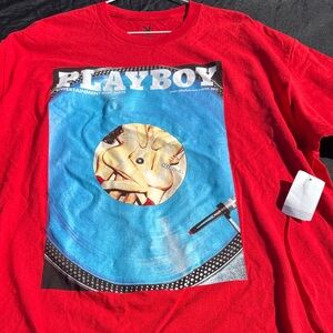 PLAYBOY Red Tee with Blue Record Graphic